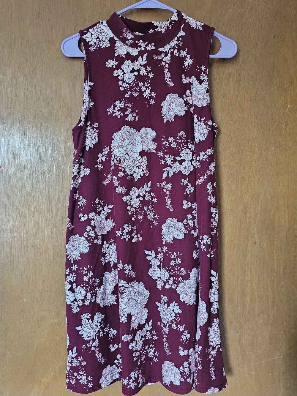Pink Rose Sleeveless Mock-Neck Midi Dress in Burgundy with Cream Floral Print